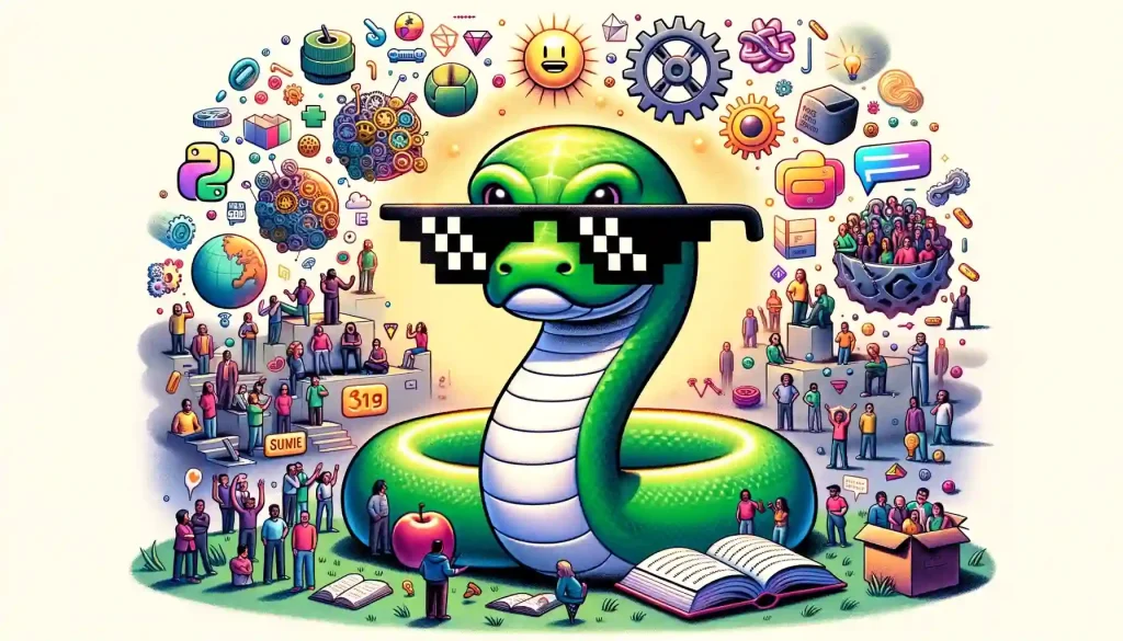 a cool snake with sunglasses teaching people programming