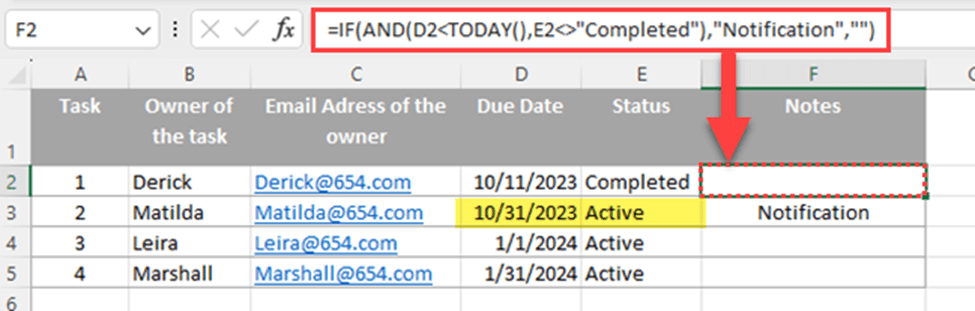 Excel Table - alert occurs based on due date