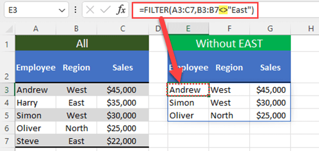 FILTER function with does not equal sign
