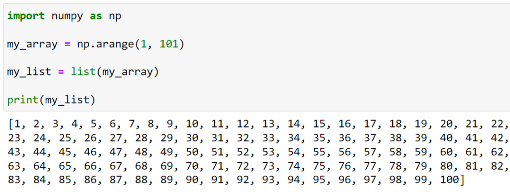 Making a List From 1 to 100 Using The NumPy Library