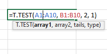 T test syntax is array1, array2, tails, type