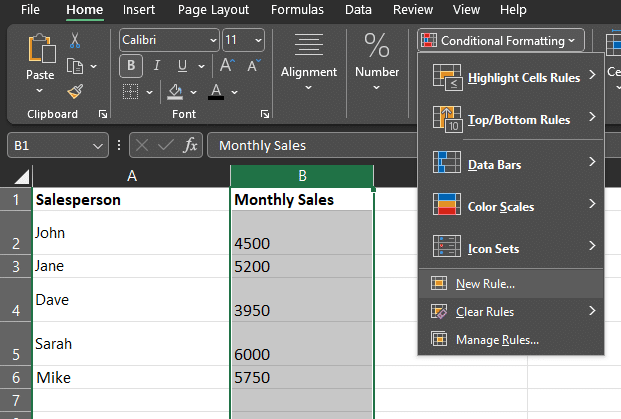 apply a new rule with conditional formatting