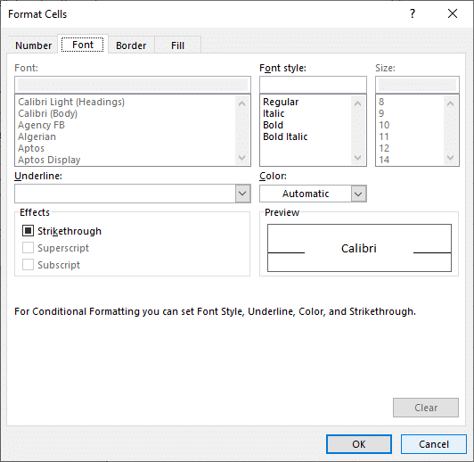 select the font tab and select the stikethrough option