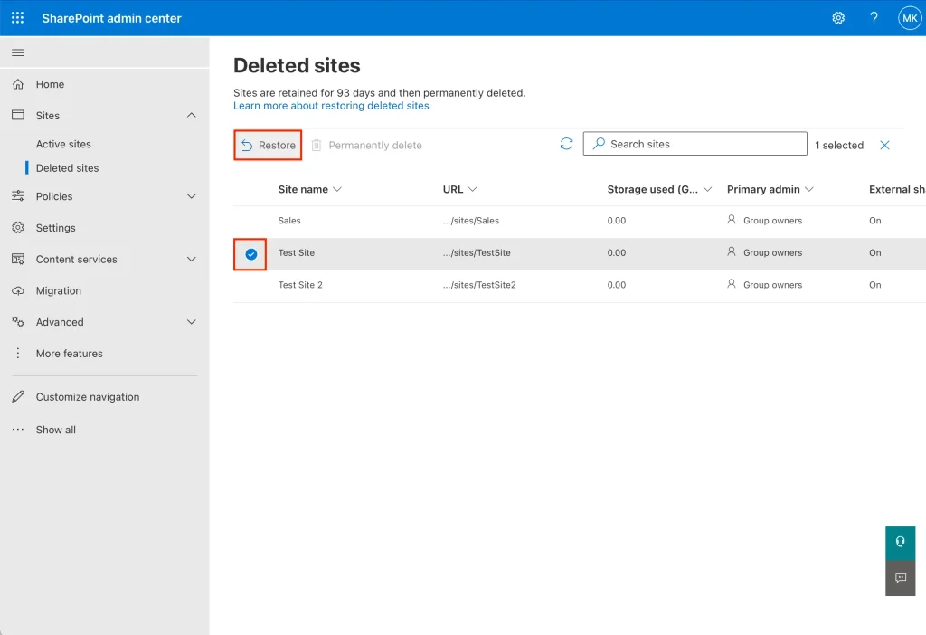Restore Site in SharePoint