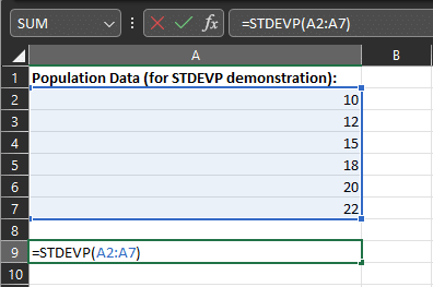 sample data for STDEVP demonstration