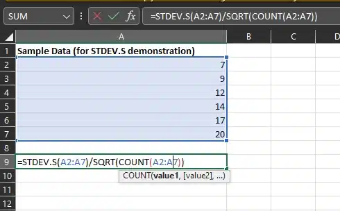 sample data for STDEV.S demonstation