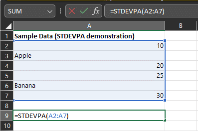 sample data for STDEVPA demonstation
