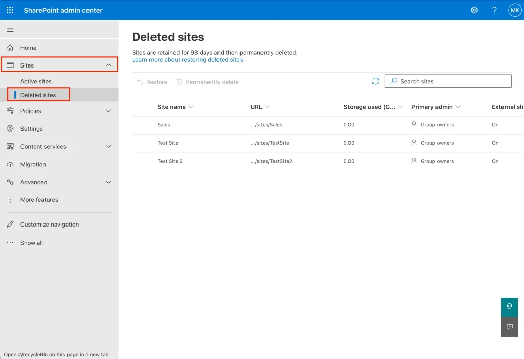 deleted sites in sharepoint