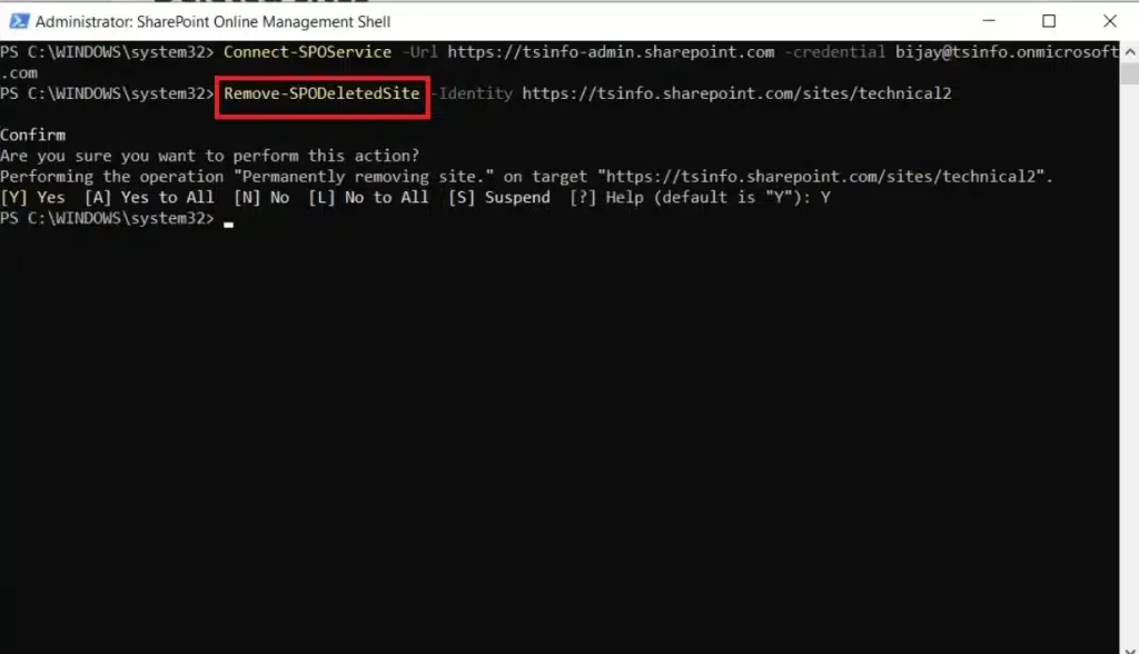 deleting site using PowerShell