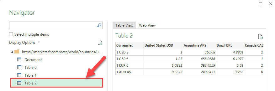 Selecting the webpage data table
