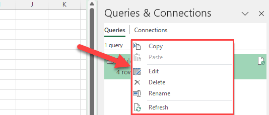 Right-click on the query in the Workbook Queries pane
