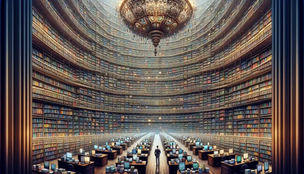 artistic rendition of a giant library containing all of googles public datasets