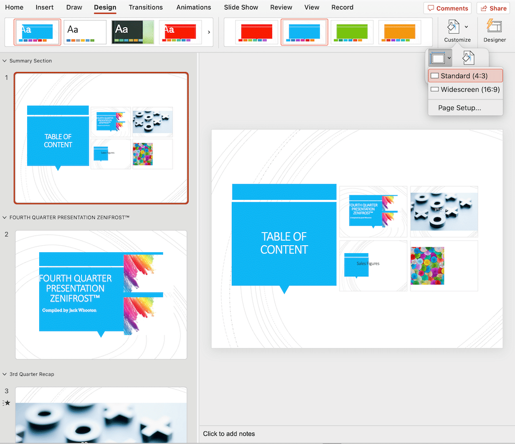 Standard slide size in your presentation