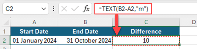 Using TEXT function to find the difference of two dates in months