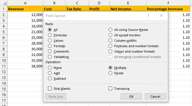 Right-click on the first cell of the "Revenue" column and choose "Paste Special