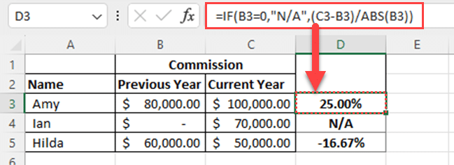 Calculate percentages using the IF function