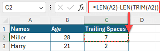 Excel TRIM function to count leading or trailing spaces.