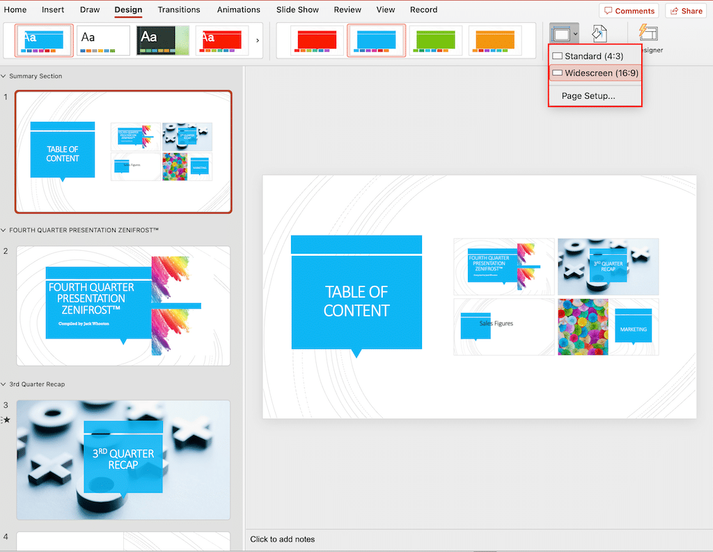 Slide size options in PowerPoint