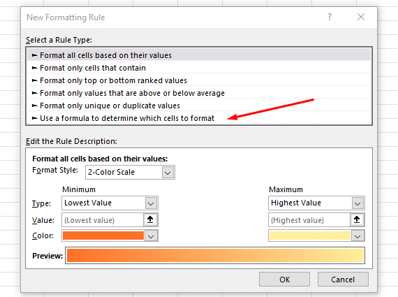 In the New Formatting Rule dialog box, select the Use a formula to determine which cells to format option.