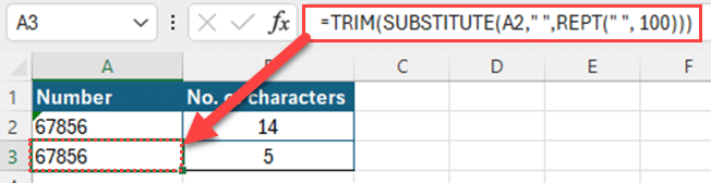 Remove multiple spaces with TRIM formula with SUBSTITUTE function
