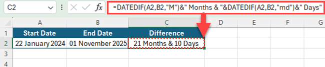 Calculate date difference with months and days separately in a single cell