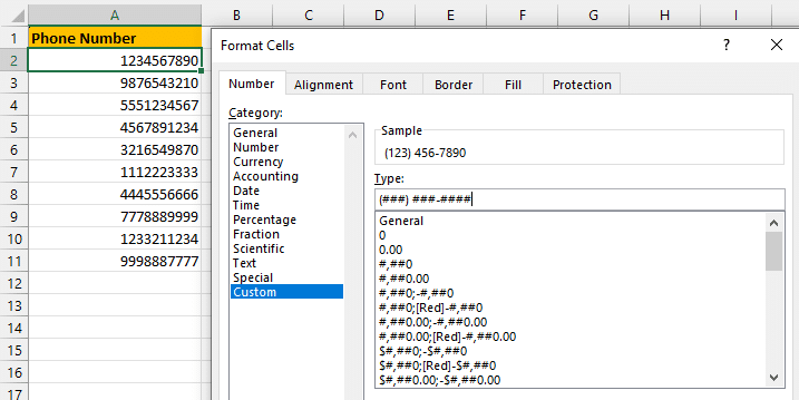 In the Type field, enter a custom format code for the phone numbers