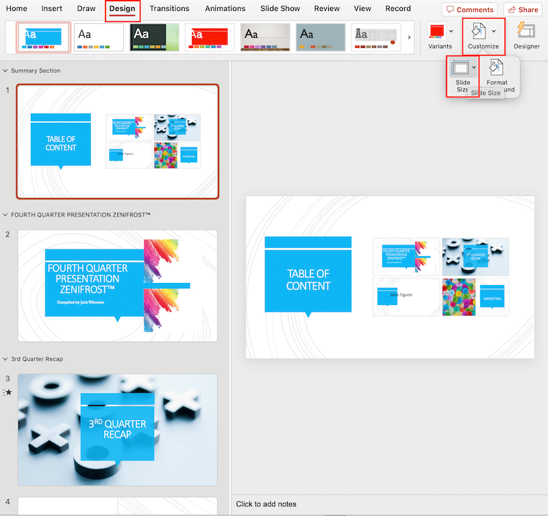 Selecting slide size for your presentation