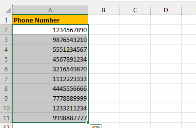Select the cells containing the phone numbers you want to format