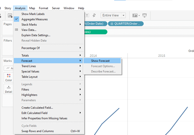 Creating the forecasting in the main tableau window