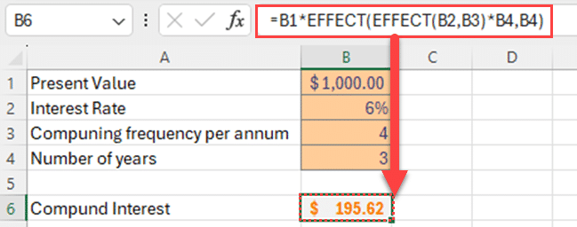 EFFECT function to get compound interest formula in Excel