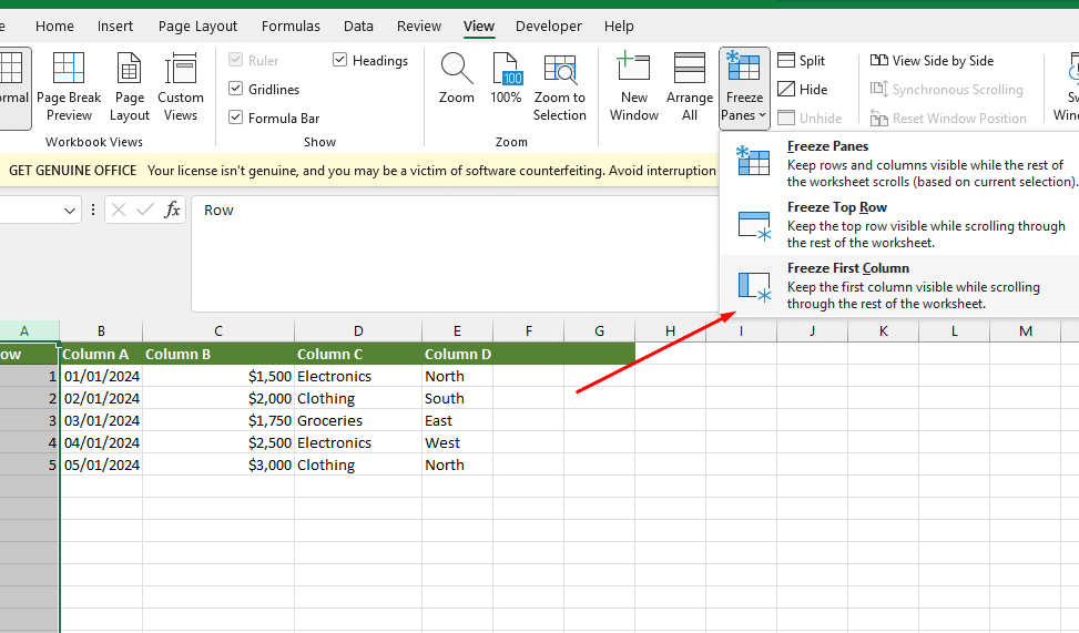freeze the top row in the sheet from the feeze panes dropdown