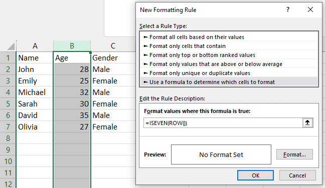 use the iseven function to apply a format to all the even numbers
