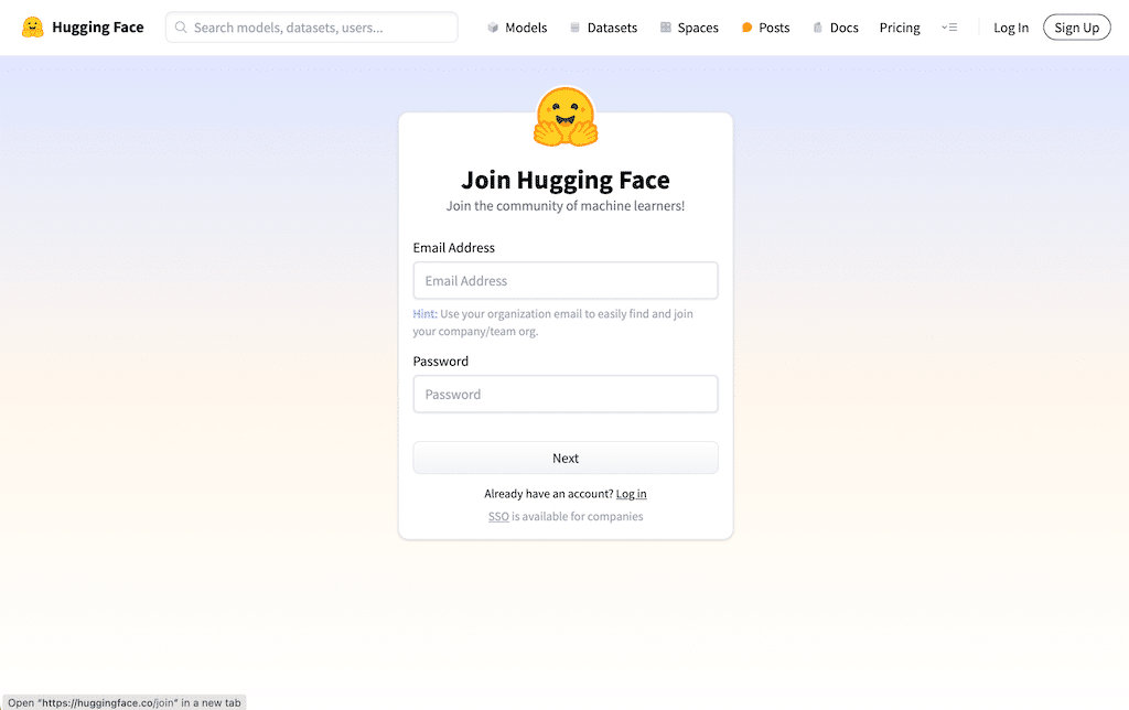 Sign up page for HuggingFace