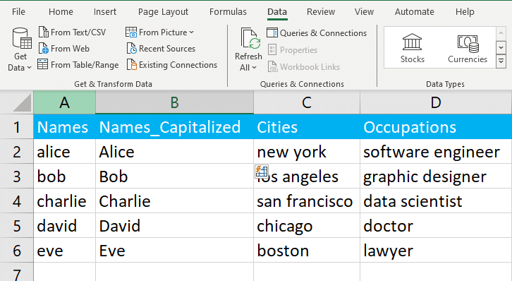 Names column capitalized using Flash Fill
