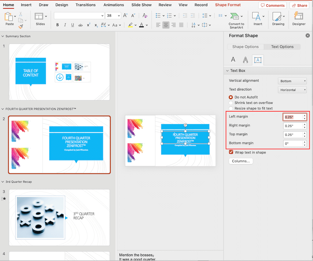 Enter specific dimensions for text box in PowerPoint