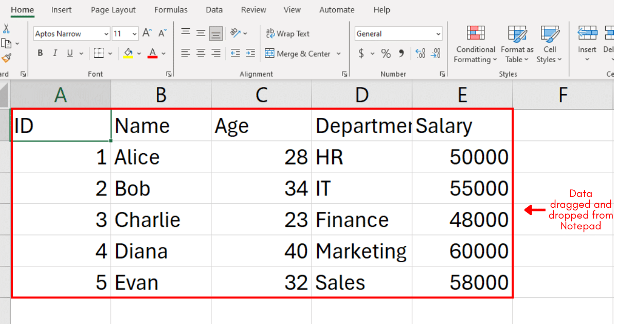Data dragged and dropped from Notepad to Excel