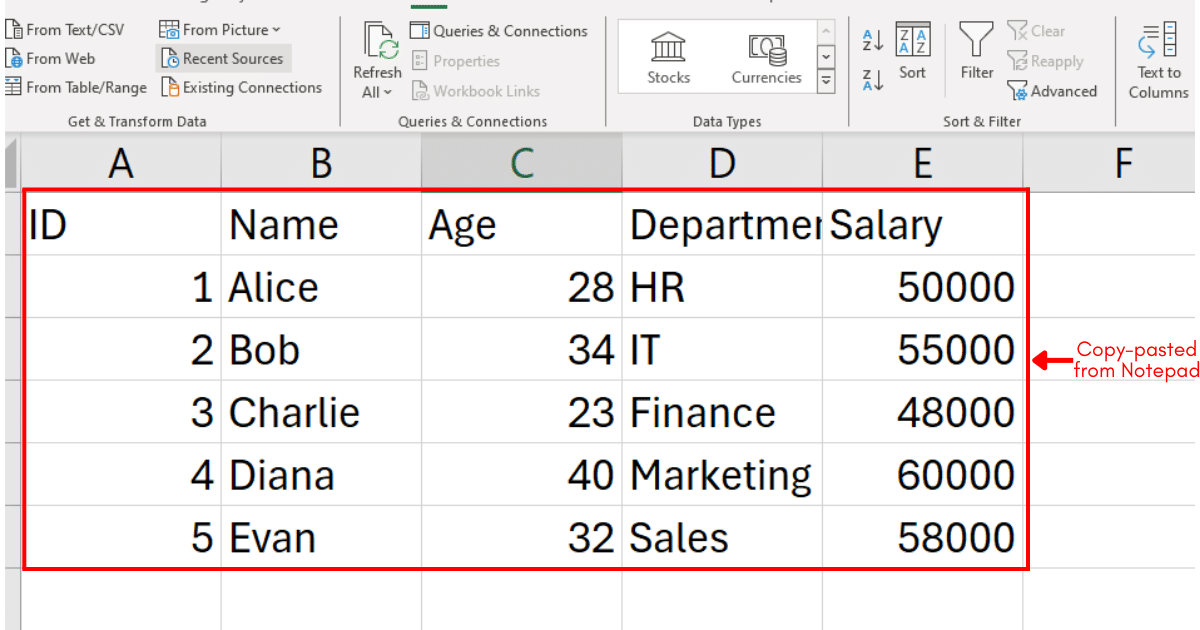 Data copy-pasted from Notepad to Excel