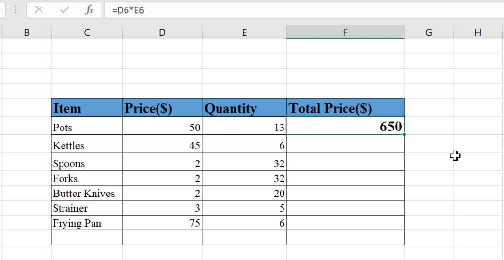 Highlighted formula cell in table