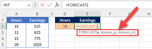 The FORECAST function to predict missing data points