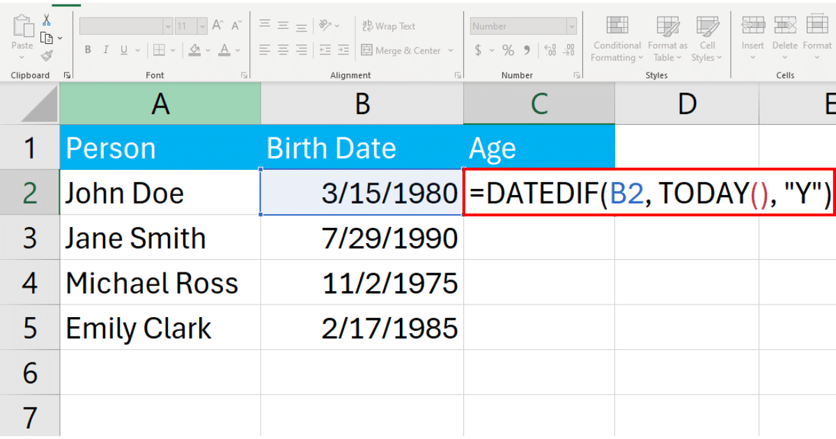 Writing formula for calculating age