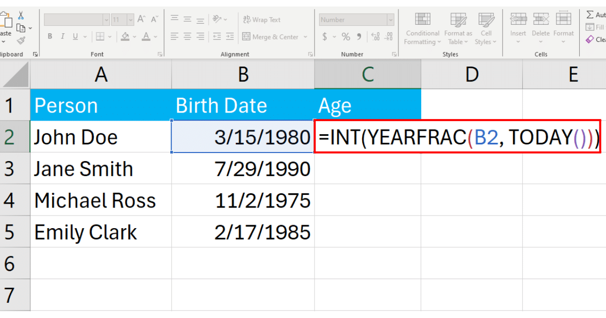 Writing formula for calculating age