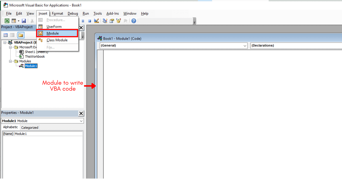 Inserting a new module for writing VBA code