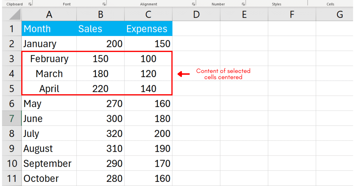 Content of selected cells centered
