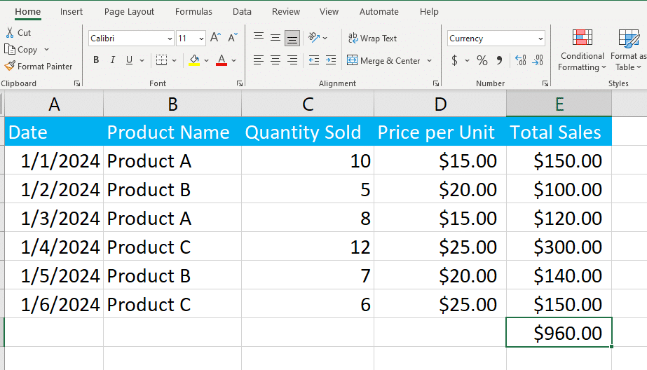 Column sum displayed by Excel