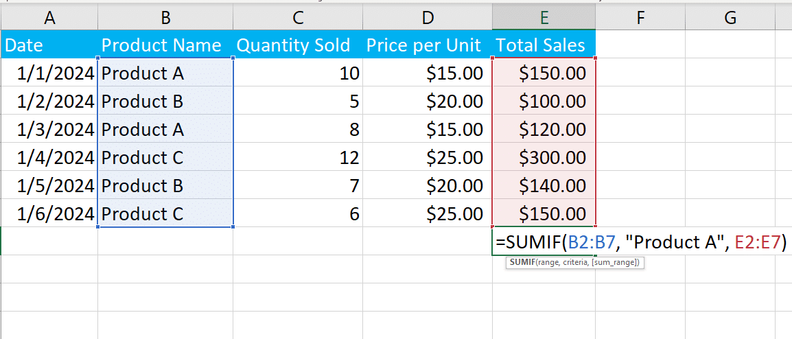 Using SUMIF to find sum of column