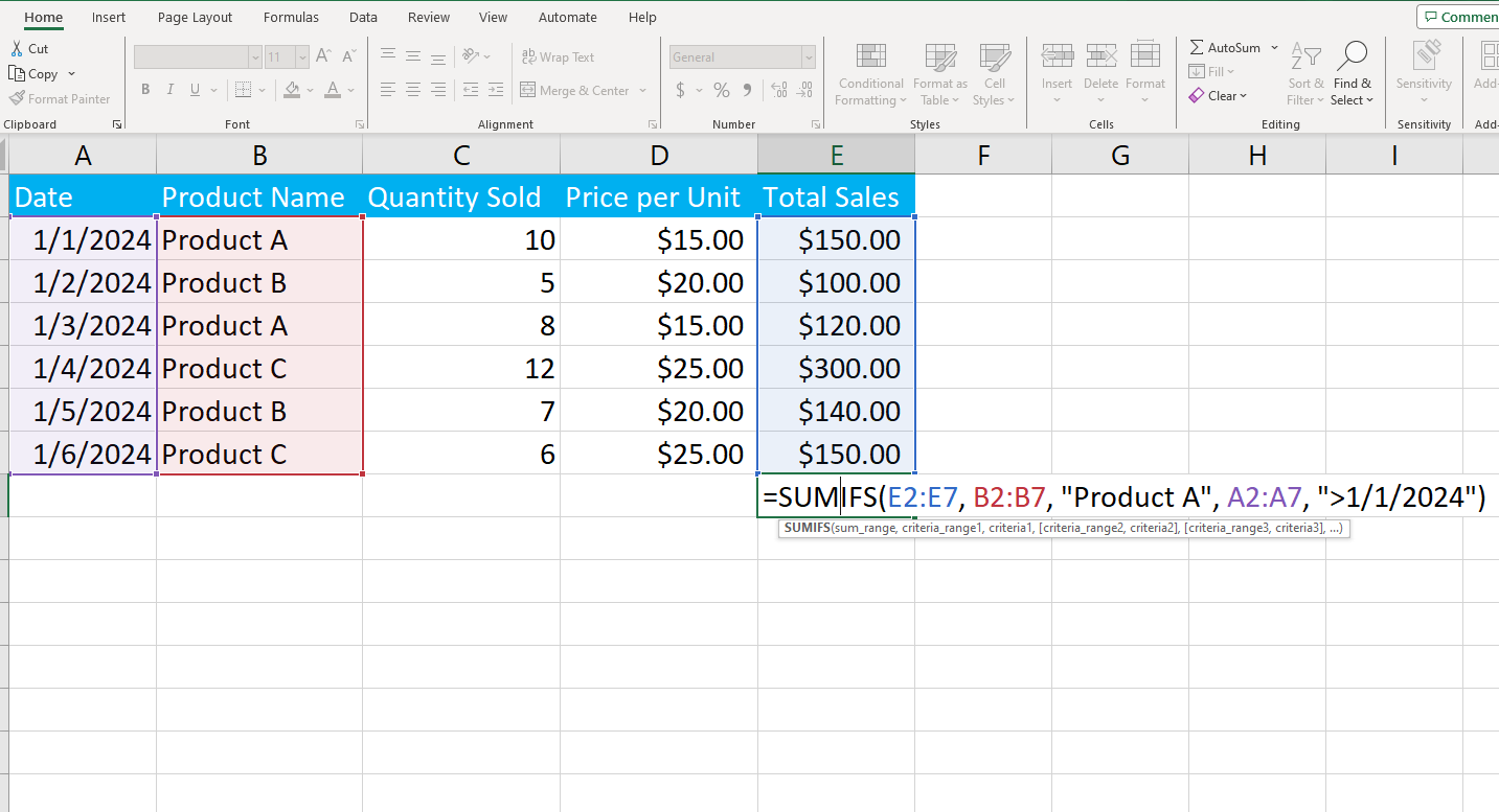 Using SUMIFS to find sum of column