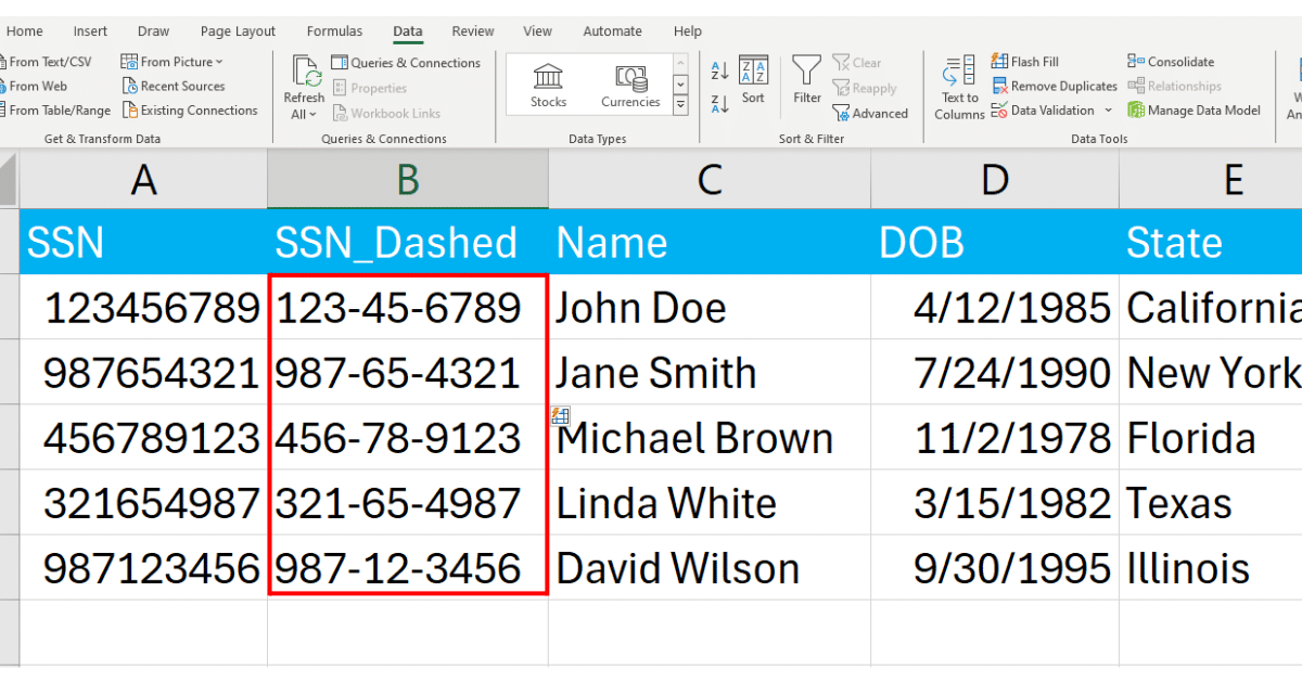 Dashes added to SSN